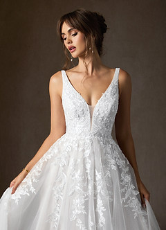 Azazie Sorella Wedding Dresses Diamond White A-Line V-Neck Sequins Tulle Dress image8