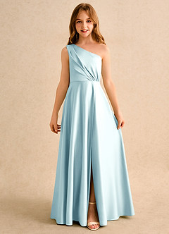 Azazie Puddles Girls Formal Flower Girl Dresses Sea Glass A-Line One Shoulder Matte Satin Dress image4
