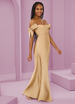 Barbie ♥ Azazie Bridesmaid Dresses Gold Sheath Off the Shoulder Stretch Satin Convertible Dress image1