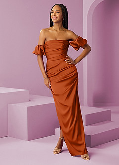 Barbie ♥ Azazie Robes de demoiselle d'honneur Robe Fourreau Convertible en Satin extensible Épaule décolletée Orange Brûlée image3