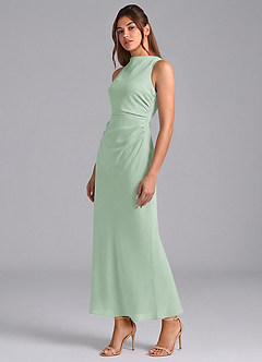 Azazie Evadne 신부 들러리 드레스 쉬스 주름진 쉬폰 발목 길이 드레스 image1