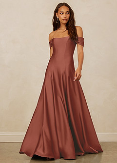 Christian Siriano Bridal for Azazie 1002 Brautjungfernkleider Wandelbar A-Linie Schulterfrei Stretch-Satin Kleid Rotbraun image1