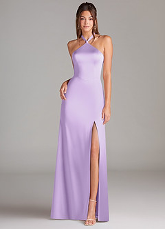 Azazie Elliana Bridesmaid Dresses Lilac A-Line Side Slit Stretch Satin Dress image4