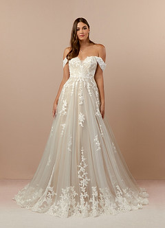 Azazie Botanica Wedding Dresses Diamond White Nude A-Line Off the Shoulder Tulle Dress image4