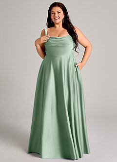 Azazie Shaude Bridesmaid Dresses Agave A-Line Pleated Stretch Satin Dress image11