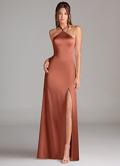 Azazie Elliana Jurken voor bruidsmeisjes Jurk van Stretch Satijn met Kolom Zijsplit Klei image4