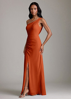 Azazie Madelyn Robes de demoiselle d'honneur Robe Sirène Convertible en Mousseline de soie Asymétrique Orange Brûlée image6