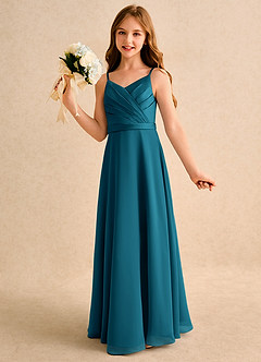 Azazie Umina Girls Formal Jurken voor bloemenmeisjes A-Lijn Jurk van Mat Satijn Geplooide Inkt Blauw image3