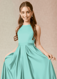Azazie Arianthe Junior Vestido de Aqua de Satén Elástico de Corte En A con Con bolsillos image5