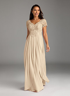Azazie Dunja Mother of the Bride Dresses Champagne A-Line V-Neck Lace Chiffon Dress image5