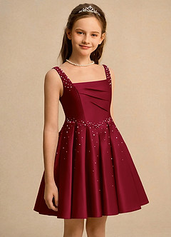Azazie Jello Girls Formal Flower Girl Dresses Burgundy Ball-Gown Pleated Matte Satin Dress image3