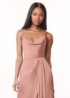 Azazie Brielle Bridesmaid Dresses Rosette A-Line Cowl Spaghetti Straps Stretch Satin Dress image4