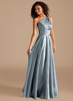 Azazie Charlize Bridesmaid Dresses Dusty Blue A-Line One Shoulder Metallic Satin Dress image6