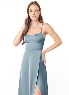 Azazie Halsey Bridesmaid Dresses Dusty Blue Sheath Side Slit Stretch Satin Dress image6