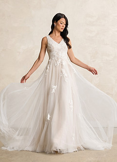 Azazie Alemia Wedding Dresses Diamond White Nude A-Line Lace Tulle Dress image2