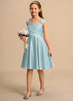 Azazie Budle Flower Girl Dresses Mist A-Line Pleated Matte Satin Dress image5
