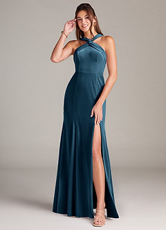 Azazie Rue Bridesmaid Dresses Blue Topaz A-Line Pleated Velvet Dress image3