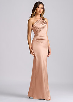 Azazie Akilah Vestidos de damas de honor Vestido Oro Rosa de Satén Elástico de Corte Sirena con Un hombro image3