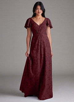 Azazie Soren Bridesmaid Dresses Cabernet A-Line Pleated Floral Burnout Dress image1