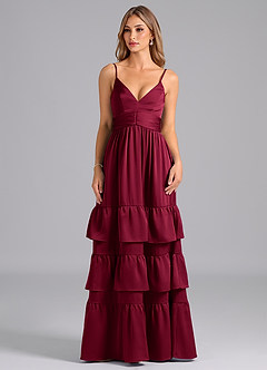 Azazie Nathalia Essayer des robes à la maison Robe Trapèze en Satin extensible Plissée Bourgogne image3