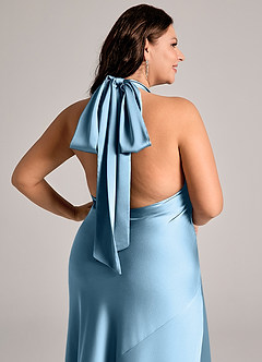 Azazie Velli Abiti da Damigella Abito Sirena in Raso Elasticizzato Collo Alto Blu Acciaio image13