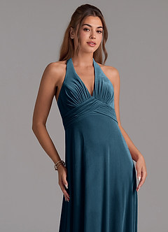Azazie Tessie Vestidos de damas de honor Vestido de Topacio Azul de terciopelo de Corte en A con Plisado image4
