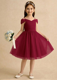 Azazie Lila Girls Formal Robe Demoiselle D'honneur Fillette Robe Trapèze en Tulle Épaule décolletée Bourgogne image4