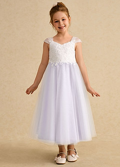 Azazie Momo Flower Girl Dresses Ivory Lilac A-Line Lace Dress image3