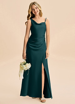 Azazie Abby Junior Pine Sheath Pleated Stretch Satin Dress image1