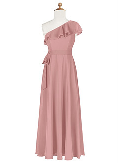 Azazie Eletta Junior Vestido de Rosa Polvorienta de Gasa de Corte en A con Volante image6