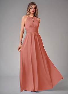 Azazie Bonnie Bridesmaid Dresses Salmon Pink A-Line Pleated Stretch Satin Dress image1