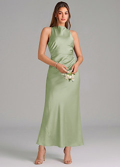 Azazie Evadne 신부 들러리 드레스 쉬스 주름진 스트레치 새틴 발목 길이 드레스 image3