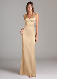 Azazie Denice Bridesmaid Dresses Champagne Sheath Pleated Stretch Satin Dress image3
