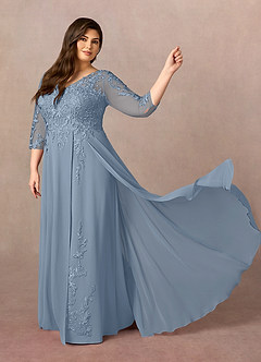 Azazie Noella Mère de la mariée Robes Robe Trapèze en Mousseline de soie Col V Dentelle Bleu Poussiéreux image11
