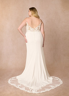 Azazie Rosalina Wedding Dresses Diamond White Sand Mermaid V-Neck lace Crepe Back Satin Dress image9