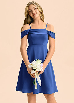 Azazie Anselie Junior Vestido Azul Real de Satén Elástico de Corte en A con Hombros descubiertos image3
