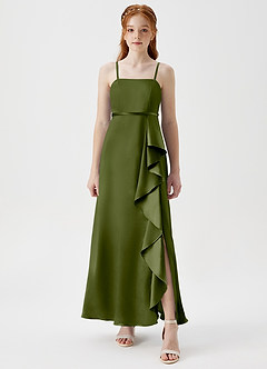 Azazie Kaylee Junior Olive A-Line with Belt Metallic Satin Dress image5