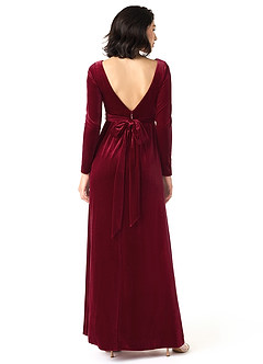 Azazie Brynn At-home Try On Dresses Burgundy A-Line Long Sleeve Velvet Dress image4