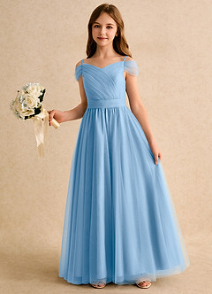 Azazie Yuna Girls Formal Abiti da Ragazza di Fiori Abito A-Line in Tulle Spalle Scoperte Azzurro Polvere image5