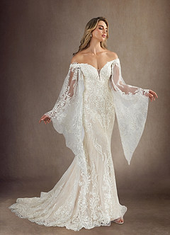 Azazie Memphis Vestidos de novia Vestido de Blanco Diamante Champán de Encaje de Corte Sirena con Lentejuelas Cuello en V image2