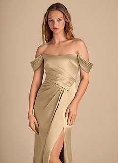 Azazie Shea Bridesmaid Dresses Champagne Mermaid Off the Shoulder Metallic Satin Convertible Dress image6