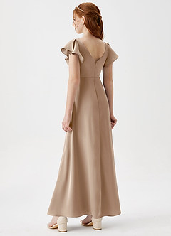 Azazie Omari Junior Taupe A-Line Pleated Stretch Satin Dress image2