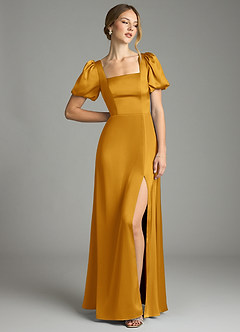 Azazie Fyona Robes de demoiselle d'honneur Robe Trapèze en Satin extensible Plissée Caramel écossais image3