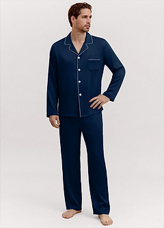 front Herre satin pyjamassæt med lange ærmer