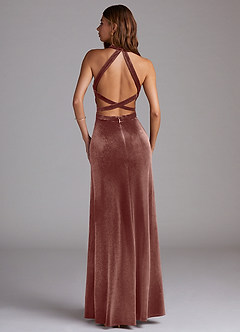 Azazie Clarice Final Sale Rustic Rose A-Line High Neck Velvet Dress image2