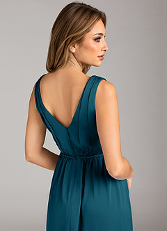Azazie Tanicia Bridesmaid Dresses Ink Blue A-Line Pleated Stretch Satin Dress image7