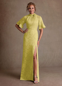 Azazie Hypatia Mother of the Bride Dresses Canary Sheath Pleated Floral Burnout Dress image1