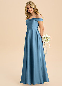 Azazie Sissy Junior Abito A-Line in Raso Elasticizzato a Spalla Scoperta Blu Acciaio image6