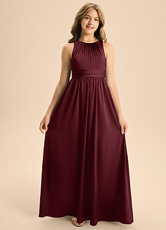 Azazie Jaylah Junior Abito A-Line in Raso Elasticizzato Plissettato Cabernet image6
