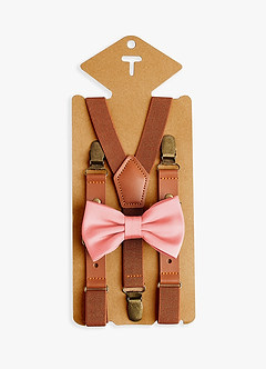 front Boy's Matching Matte Satin Pre-Tied Bow Tie & Suspenders Set